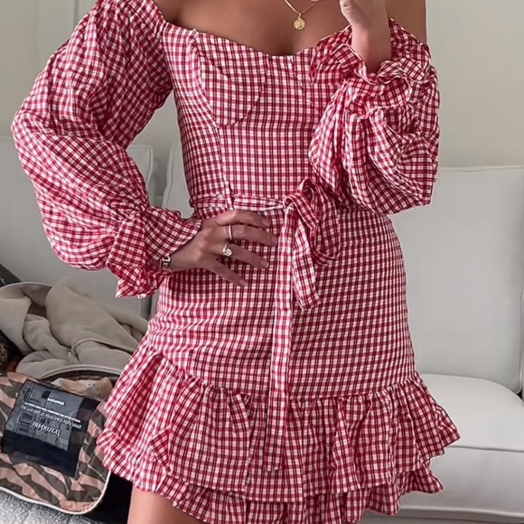 Anthropologie (Maeve) Red Gingham Off-Shoulder Cottage Western Mini Dress Size4 - Picture 1 of 6